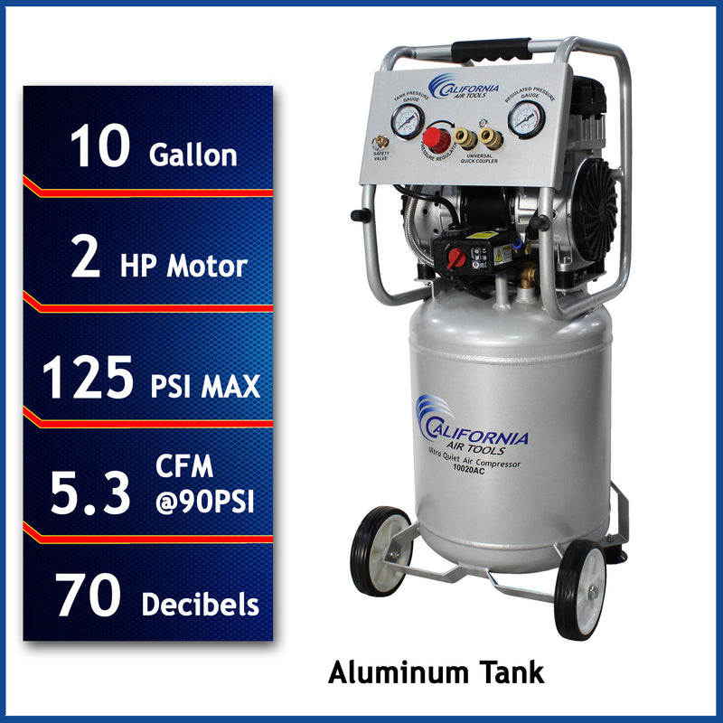 CALIFORNIA AIR TOOLS 10020AC Ultra Quiet, Oil-Free 2.0 Hp Lightweight 10 Gallon Air Compressor