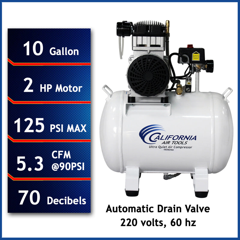 CALIFORNIA AIR TOOLS 10020CHAD-22060 Powerful 2.0 Hp Ultra Quiet, Oil-Free 10 Gallon Air Compressor with Automatic Drain Valve (220v 60hz)
