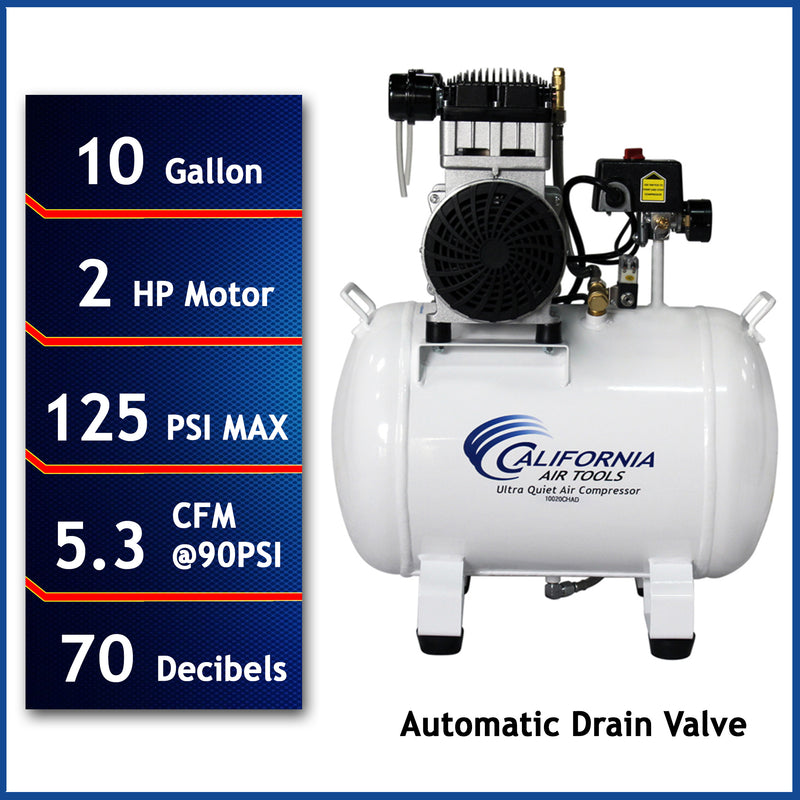 CALIFORNIA AIR TOOLS 10020CHAD Powerful 2.0 Hp Ultra Quiet, Oil-Free 10 Gallon Air Compressor with Automatic Drain Valve