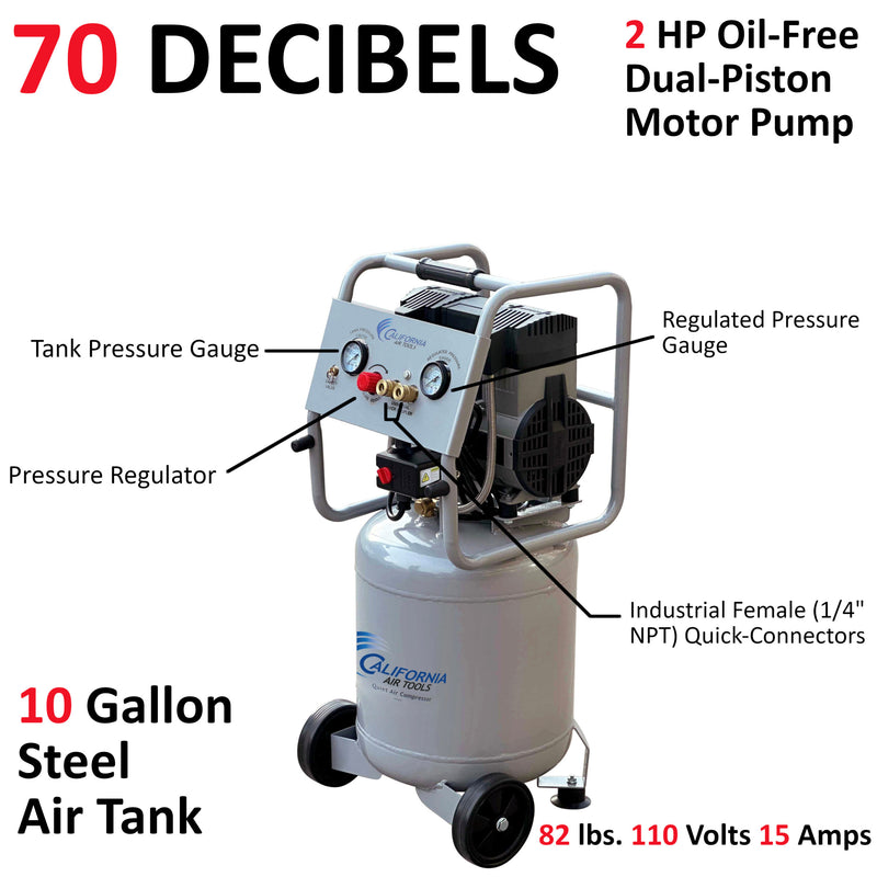 CALIFORNIA AIR TOOLS 10020C Ultra Quiet Oil-Free Powerful 2.0 Hp 10 Gallon Air Compressor