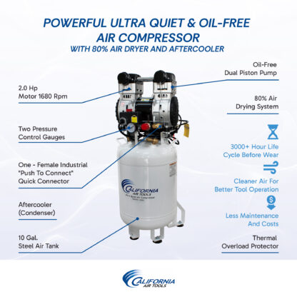 CALIFORNIA AIR TOOLS 10020DC-22060 2.0 Hp Ultra Quiet Oil-Free 10 Gallon Air Compressor with 80% Air Dryer 220v 60hz