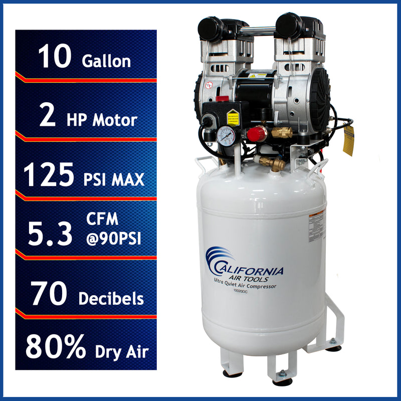 CALIFORNIA AIR TOOLS 10020DC 2.0 Hp Ultra Quiet Oil-Free 10 Gallon Air Compressor with 80% Air Dryer 110v 60hz