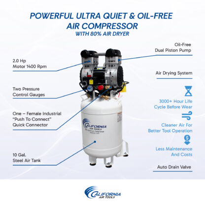 CALIFORNIA AIR TOOLS 10020DCAD-22060 2.0 Hp Ultra Quiet Oil-Free 10-Gallon Air Compressor with 80% Air Dryer and Auto Drain 220v 60hz