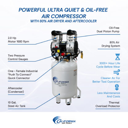 CALIFORNIA AIR TOOLS 10020DC 2.0 Hp Ultra Quiet Oil-Free 10 Gallon Air Compressor with 80% Air Dryer 110v 60hz