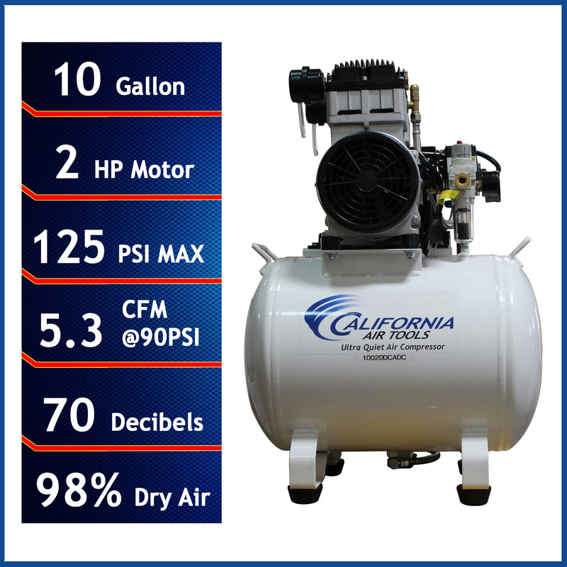 CALIFORNIA AIR TOOLS 10020HDCADC Powerful 2.0 Hp Ultra Quiet, Ultra Dry & Oil-Free 10 Gallon Air Compressor with 98% Air Drying System and Automatic Drain Valve