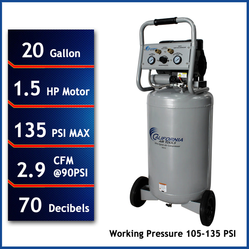 CALIFORNIA AIR TOOLS 20015 Ultra Quiet, Oil-Free and Powerful 1.5 Hp Portable 20-Gallon Air Compressor