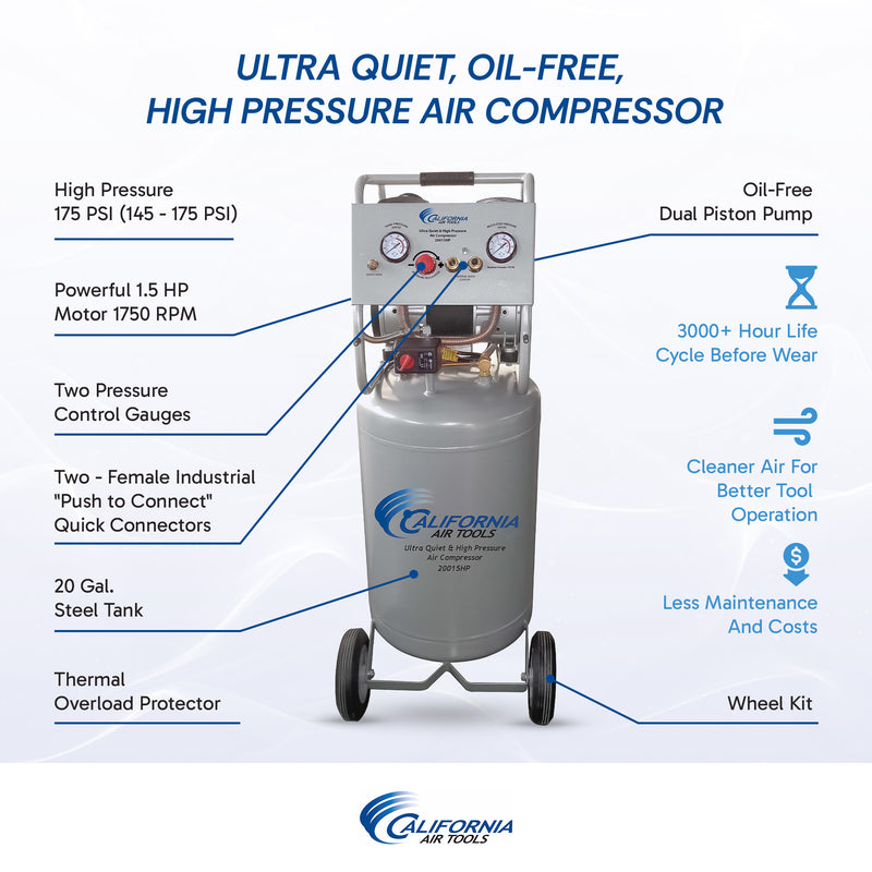 CALIFORNIA AIR TOOLS 20015HPAD Ultra Quiet, Oil-Free and High Pressure Air Compressor with Auto Drain