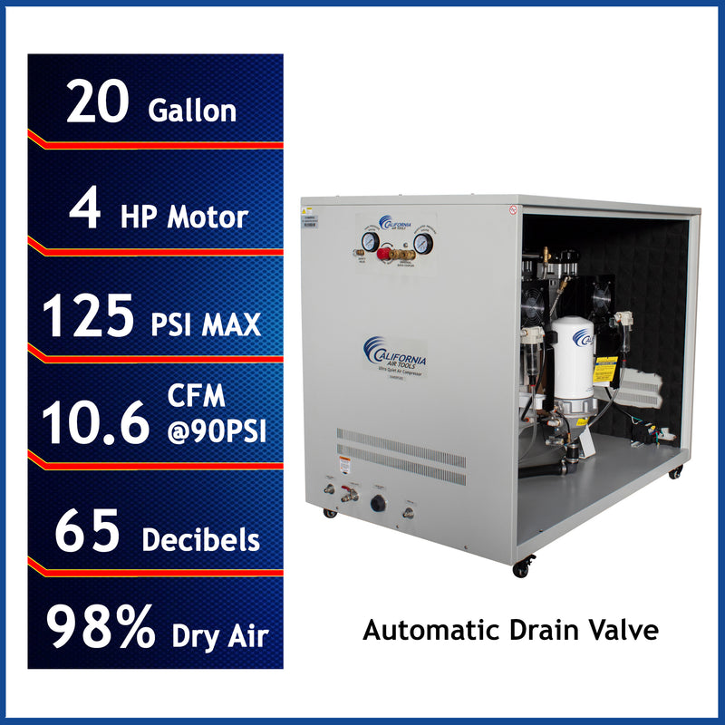 California Air Tools 20040DSPCADC 4.0 HP 20 Gallon Oil-Free Air Compressor with 98% Air Drying System, Auto Drain, and Soundproof Cabinet