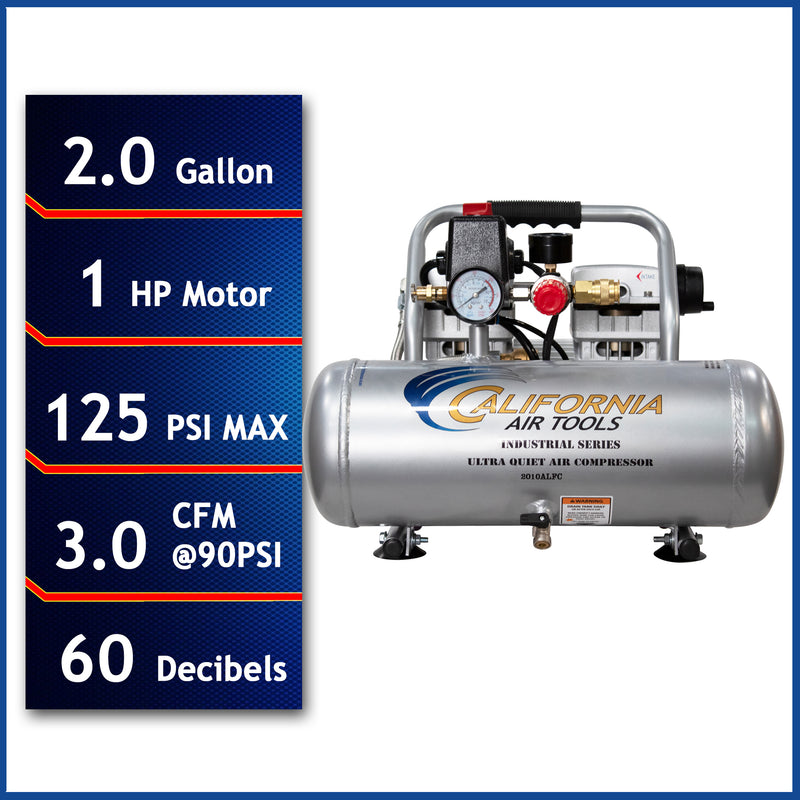 CALIFORNIA AIR TOOLS 2010ALFC Ultra Quiet 1.0 Hp, Oil-Free, Lightweight 2-Gallon Air Compressor (Industrial Series)