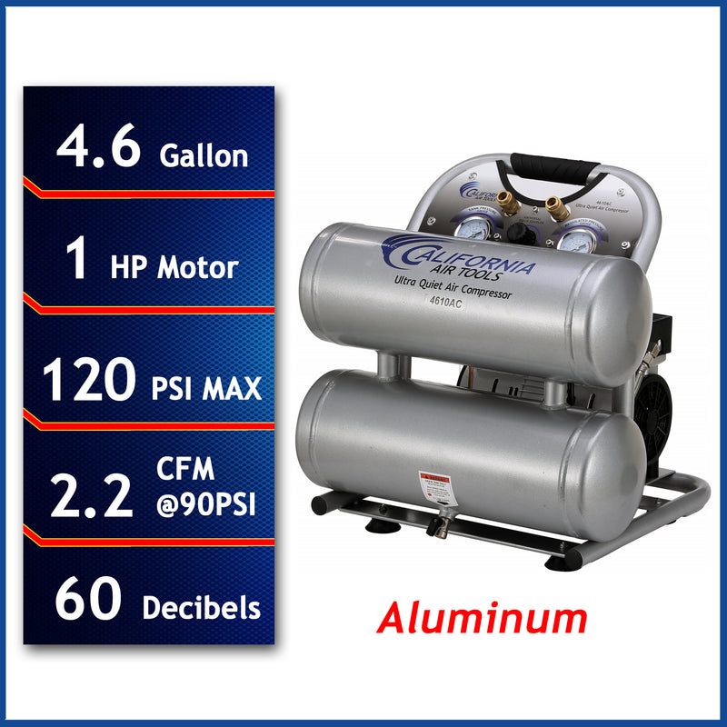 CALIFORNIA AIR TOOLS 4610AC Ultra Quiet 1.0 Hp, Oil-Free, Lightweight Aluminum 4.6 Gallon Air Compressor