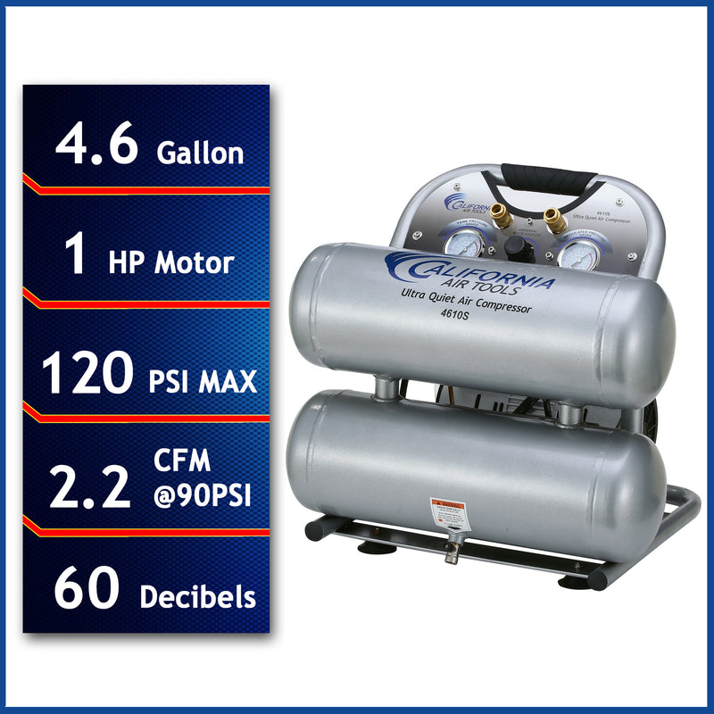 CALIFORNIA AIR TOOLS 4610S Ultra Quiet 1.0 Hp, Oil-Free, Lightweight 4.6 Gallon Air Compressor
