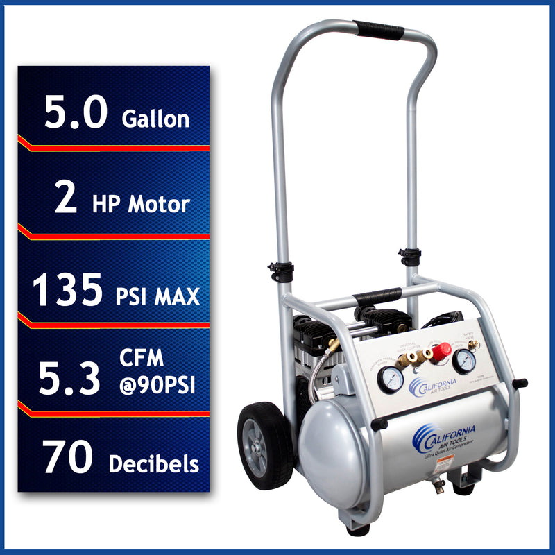 CALIFORNIA AIR TOOLS 5020W Powerful 2.0 Hp Ultra Quiet & Oil-Free Rugged 5 Gallon Air Compressor