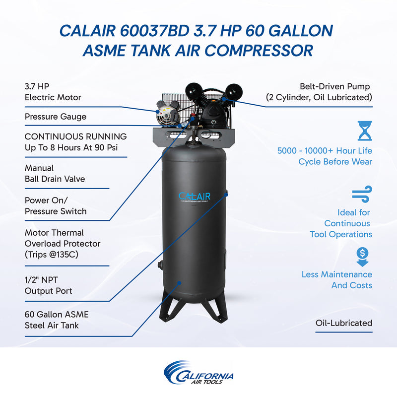 California Air Tools CALAIR 60037BD 3.7 HP 60 Gallon Belt Drive Oil-Lubricated Air Compressor