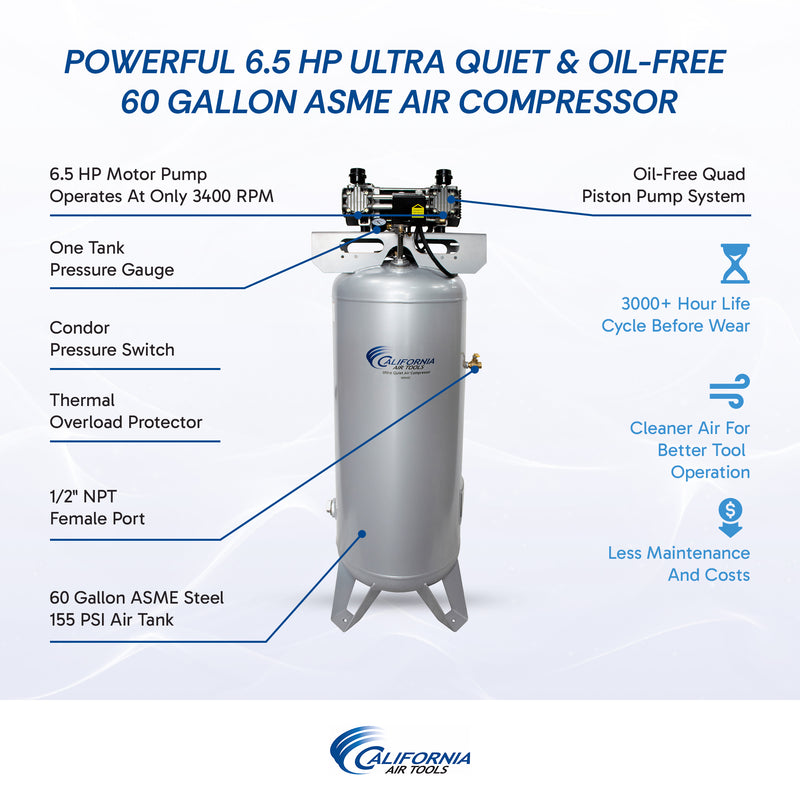 California Air Tools 60065C 6.5 HP 60 Gallon Oil-Free Air Compressor