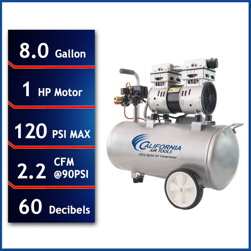 CALIFORNIA AIR TOOLS 8010 Ultra Quiet 1.0 Hp, Oil-Free, Lightweight 8-Gallon Air Compressor