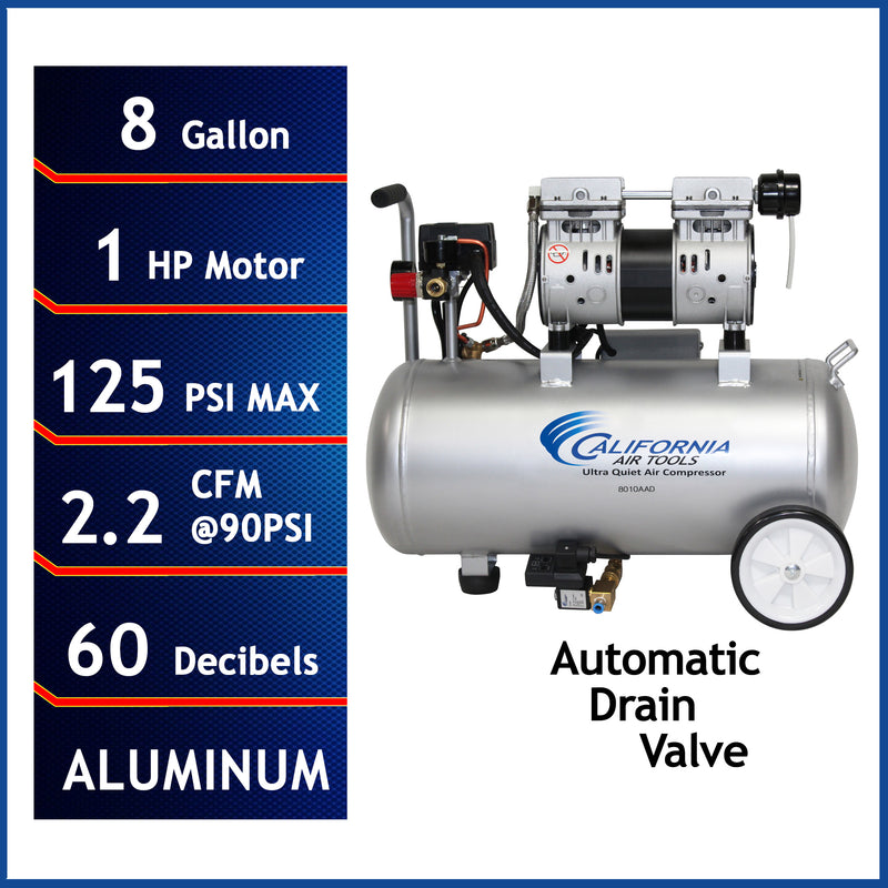 CALIFORNIA AIR TOOLS 8010AAD Ultra Quiet, Oil-Free, Lightweight Aluminum Tank 1.0 Hp Air Compressor with Automatic Drain Valve