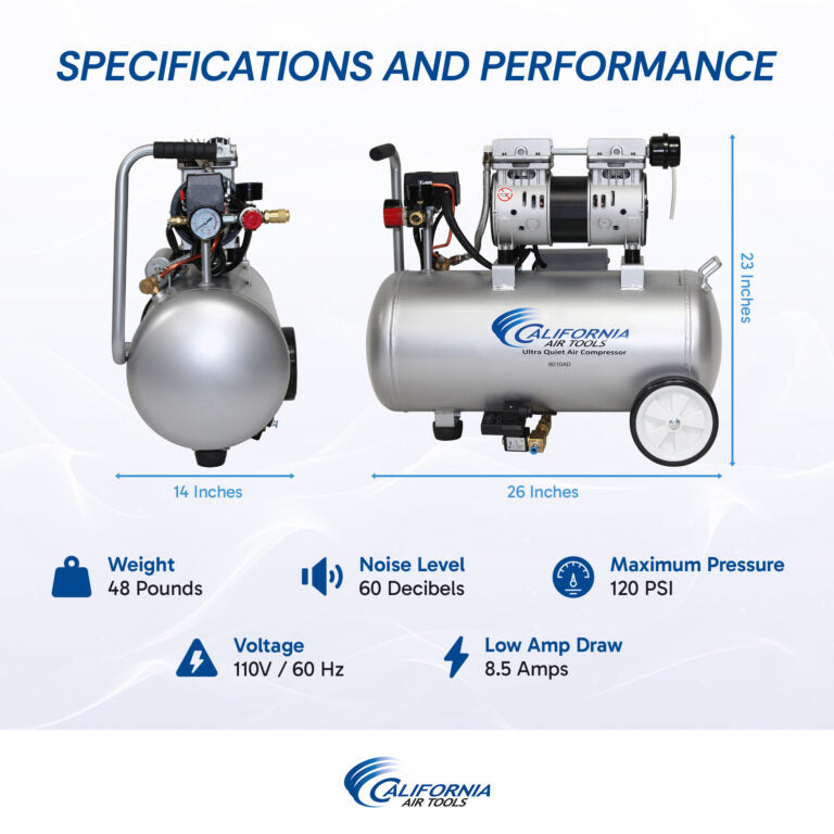 CALIFORNIA AIR TOOLS 8010AD Ultra Quiet, Oil-Free, Lightweight 1.0 Hp 8-Gallon Air Compressor with Automatic Drain Valve