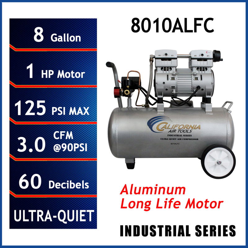CALIFORNIA AIR TOOLS 8010ALFC Ultra Quiet 1.0 Hp, Oil-Free, Lightweight Aluminum 8-Gallon Air Compressor (Industrial Series)