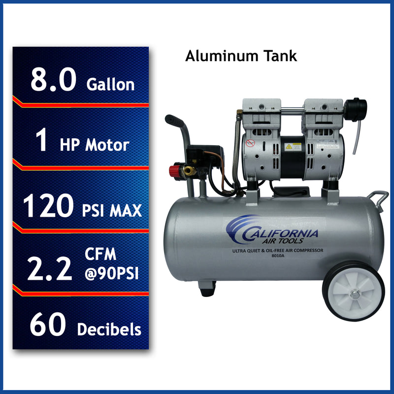 CALIFORNIA AIR TOOLS 8010A Ultra Quiet 1.0 Hp, Oil-Free, Lightweight Aluminum 8-Gallon Air Compressor