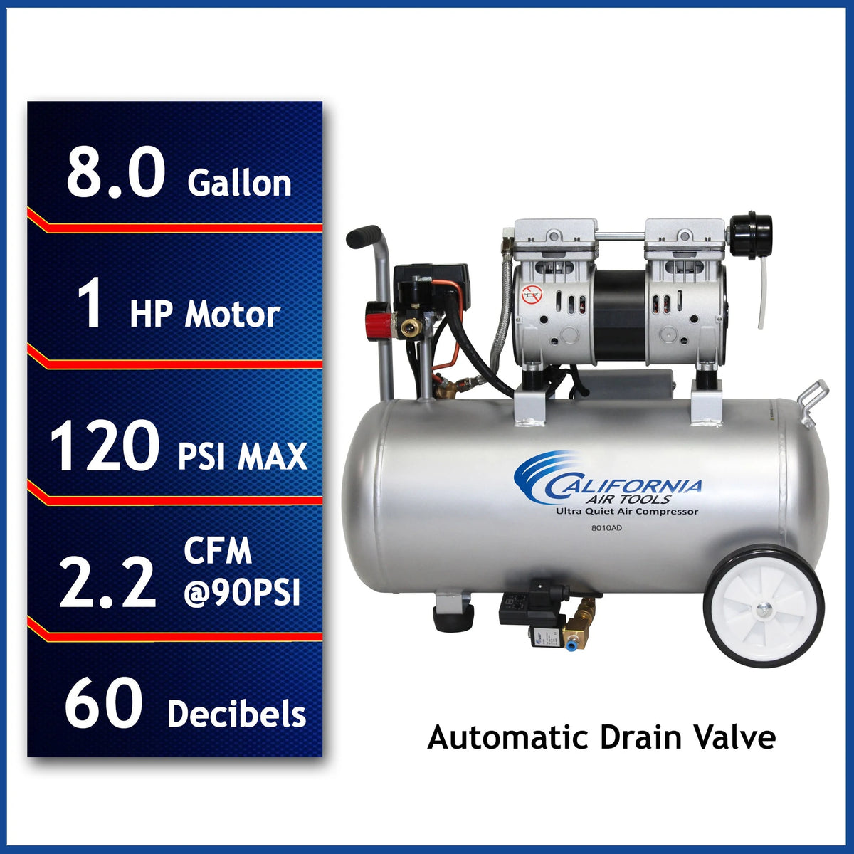 California Air Tools 8010AD 1 HP 8 Gallon Oil-Free Air Compressor with Automatic Drain Valve – alternate view 2