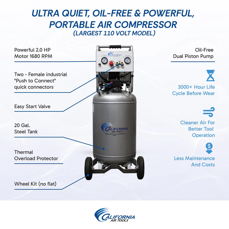 California Air Tools 20020 2.0 HP 20 Gallon Oil-Free Air Compressor – alternate view 6