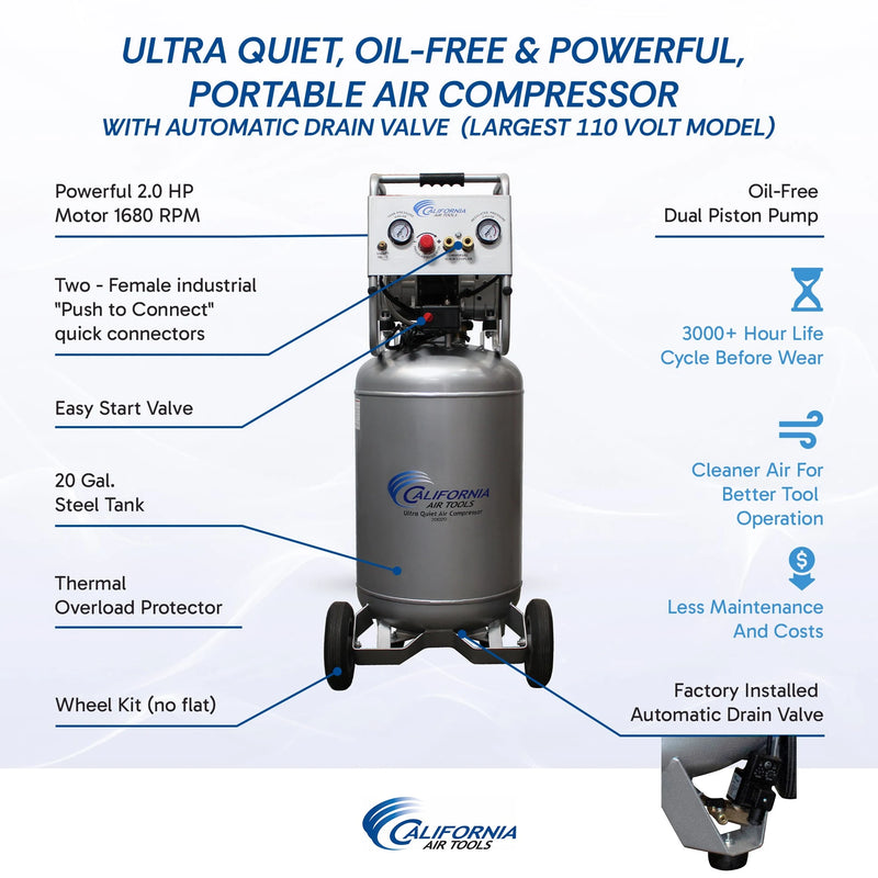 California Air Tools 20020AD 2.0 HP 20 Gallon Oil-Free Air Compressor with Auto Drain – alternate view 8