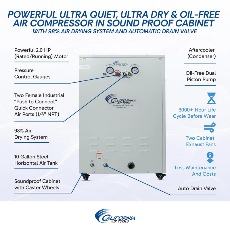 California Air Tools 10020HDSPCADC 2.0 HP 10 Gallon Oil-Free Air Compressor with 98% Air Drying System, Auto Drain, and Soundproof Cabinet – alternate view 8