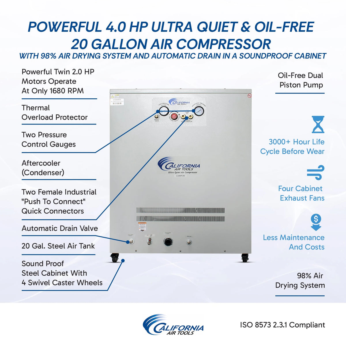 California Air Tools 20040DSPCADC 4.0 HP 20 Gallon Oil-Free Air Compressor with 98% Air Drying System, Auto Drain, and Soundproof Cabinet – alternate view 9