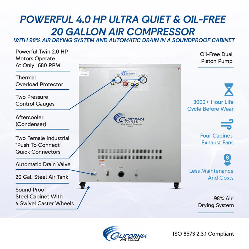 California Air Tools 20040DSPCADC 4.0 HP 20 Gallon Oil-Free Air Compressor with 98% Air Drying System, Auto Drain, and Soundproof Cabinet – alternate view 9