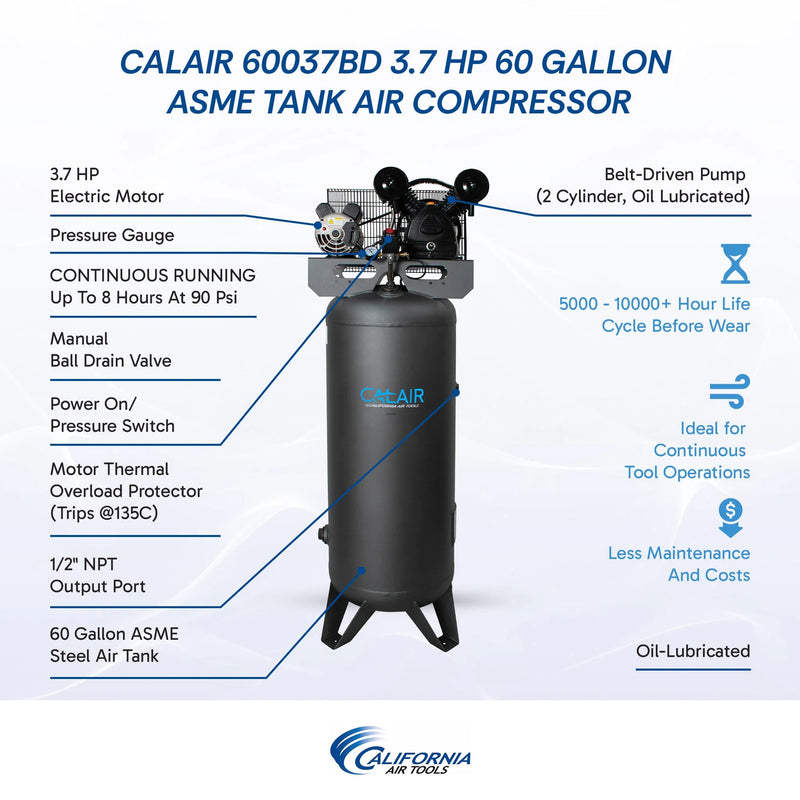 California Air Tools CALAIR 60037BD 3.7 HP 60 Gallon Belt Drive Oil-Lubricated Air Compressor – alternate view 6