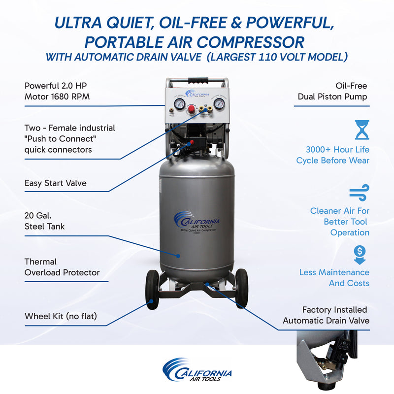 California Air Tools 20020AD 2.0 HP 20 Gallon Oil-Free Air Compressor with Auto Drain