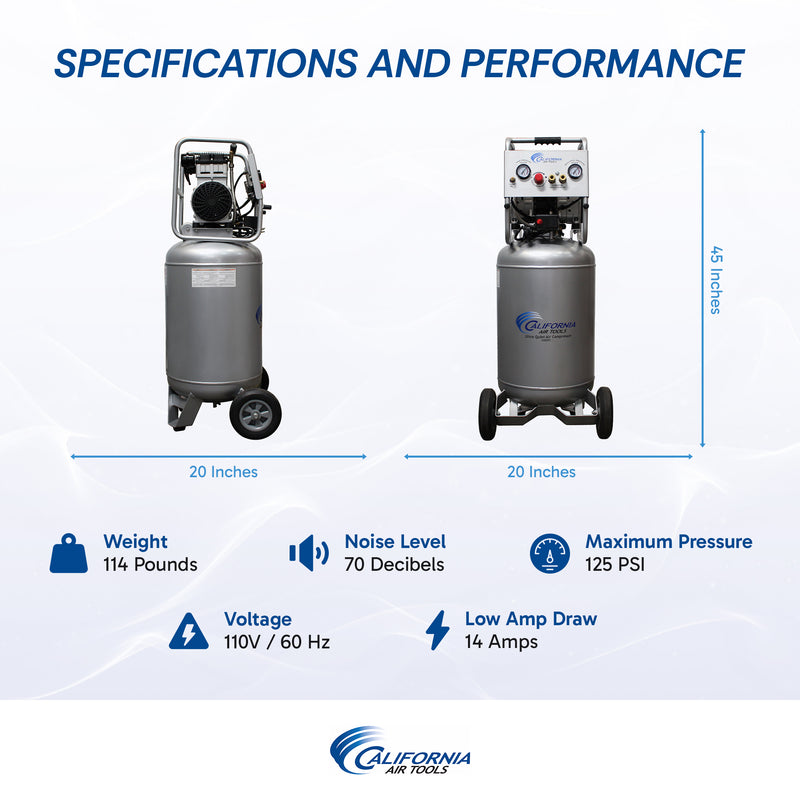 CALIFORNIA AIR TOOLS 20020 Ultra Quiet, Oil-Free and Powerful 2.0 Hp Portable 20-Gallon Air Compressor