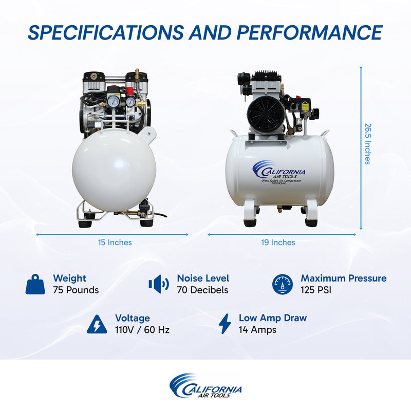 CALIFORNIA AIR TOOLS 10020CHAD Powerful 2.0 Hp Ultra Quiet, Oil-Free 10 Gallon Air Compressor with Automatic Drain Valve