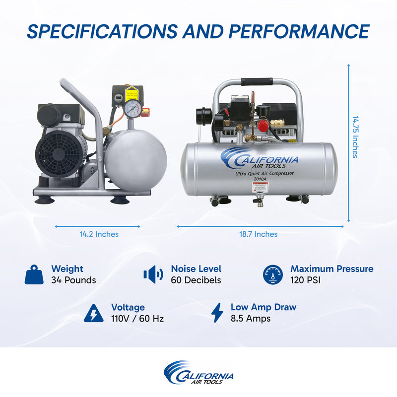 CALIFORNIA AIR TOOLS 2010A Ultra Quiet, Oil-Free, Lightweight 1.0 Hp 2 Gallon Air Compressor