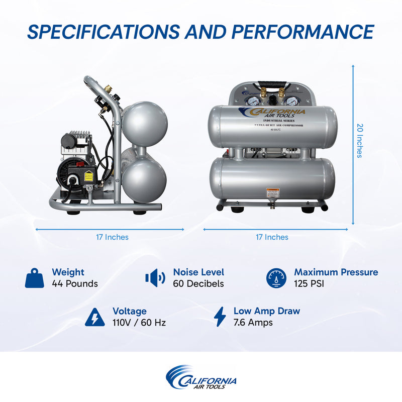 CALIFORNIA AIR TOOLS 4610ALFC Ultra Quiet 1.0 Hp, Oil-Free, Lightweight 4.6 Gallon Air Compressor (Industrial Series)