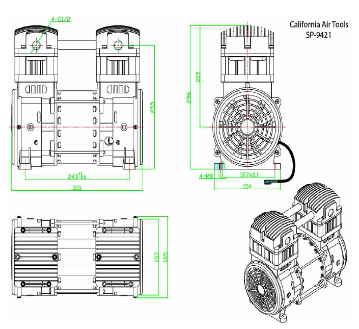 California Air Tools SP-9421 2.0 HP Oil-Free Replacement Pump Motor