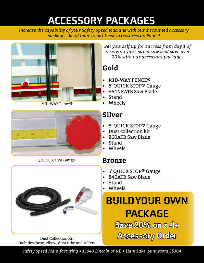 Safety Speed Gold, Silver, and Bronze Accessory Packages for Vertical Panel Saws